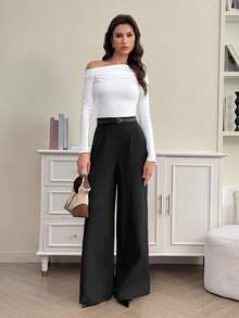 SHEIN Tall 高腰休闲阔腿裤，适合返校和通勤 - 黑色 - 查看 6