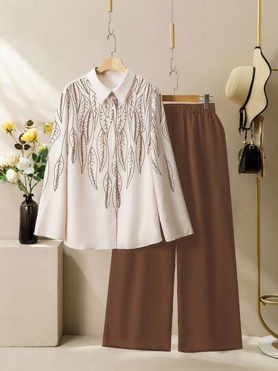 Lacomfia Plus Size Women 2 Pieces Set With Elegant Printed Pattern, Suitable For Commuting And Casual Wear