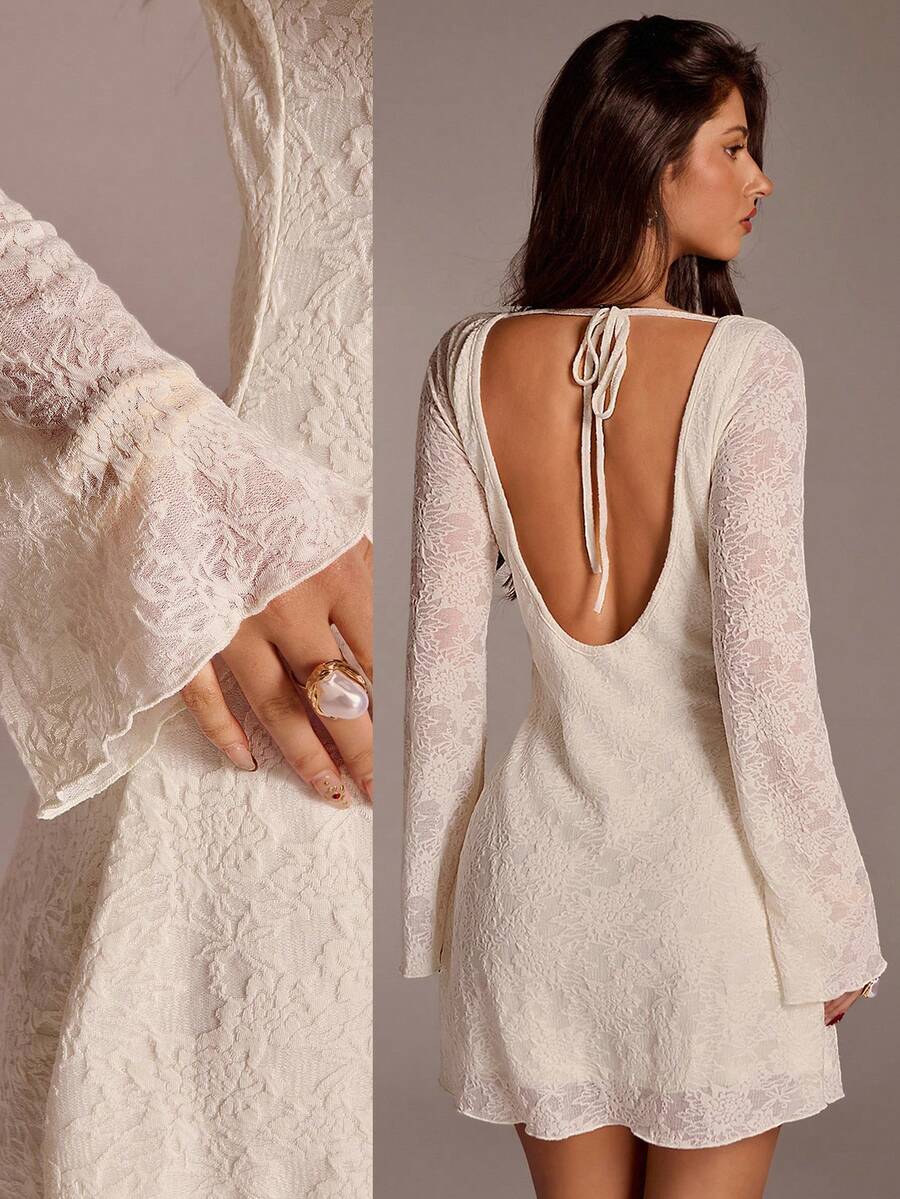 Avantive Women's Vintage Backless Long Sleeve Mini Dress Casual