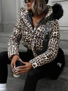 CasuGlow Women Leopard Printed Fake Fur Hooded Padded Winter Coat - Brown - View 4