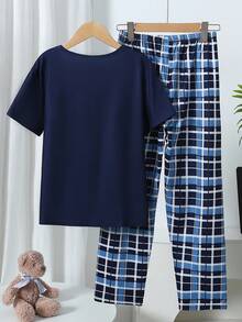 男童海军蓝滑板熊印花短袖上衣和经典格子长裤阻燃睡衣套装 - 彩色 - 查看 2