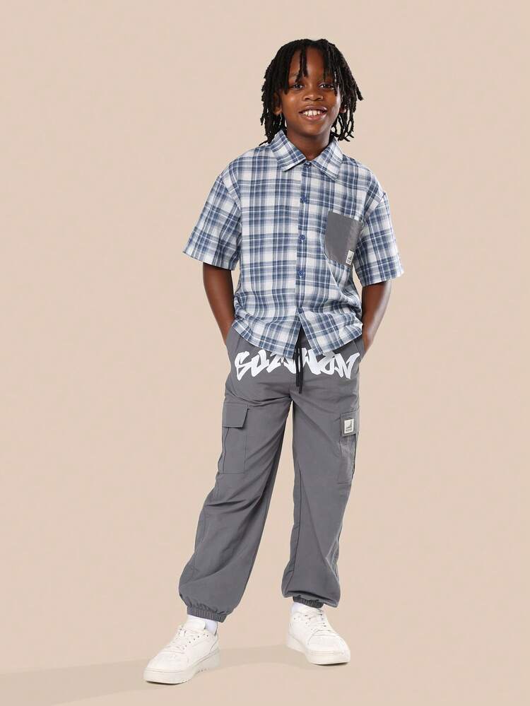 Short Sleeve Check Print Shirt With Nylon Jogger Pants