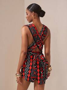 Zivah 2025 Spring And Summer New Music Festival Bohemian Vacation Sexy Party Party Sleeveless Cross Halter Tie Waist Section Backless Wide-Leg Shorts Diamond Pattern Plaid All-Over Pattern Style Printed Women's Jumpsuit - Red - View 2