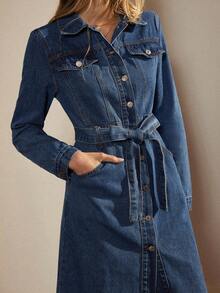 Écloséra Fake Pocket-Breasted Belted Denim Dress - Blue - View 7