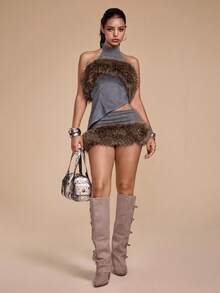 ROMWE Grunge Punk Women's Y2K Suede Patchwork Faux Fur Collar Vintage Distressed Top - Dark Grey - View 6
