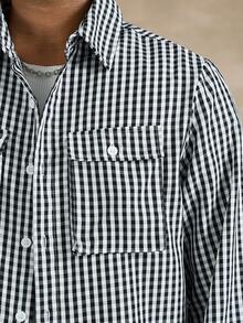 STYNVO Camisa casual de manga larga con bolsillo de carga de solapa única a cuadros para hombres, camisa holgada a cuadros de manga larga, camisas holgadas para hombres, ropa de calle, camisa de manga larga para hombres, otoño - Blanco y Negro - Ver 5