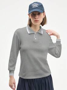 Gameset SHEIN Sport 女式条纹长袖休闲健身运动 Polo 衫 - 灰色 - 查看 5
