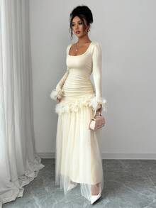 SHEIN PETITE Váy midi ren hoa kiểu Pháp thanh lịch, tay dài, kiểu dáng nhỏ nhắn lãng mạn, mới phổ biến dành cho nữ - Màu be - Xem 7