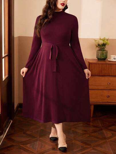 Auvina Vestido de suéter de manga larga de unicolor minimalista de talla grande, para uso diario