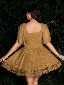 Flirla Plus Size Casual Solid Color Waist Cinched Short Sleeve Lace Dress - Brown - View 2