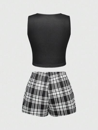 Goth Women Gothic Black Cat Floral Moon Star Cross Print Camisole And Shorts Pajama Set