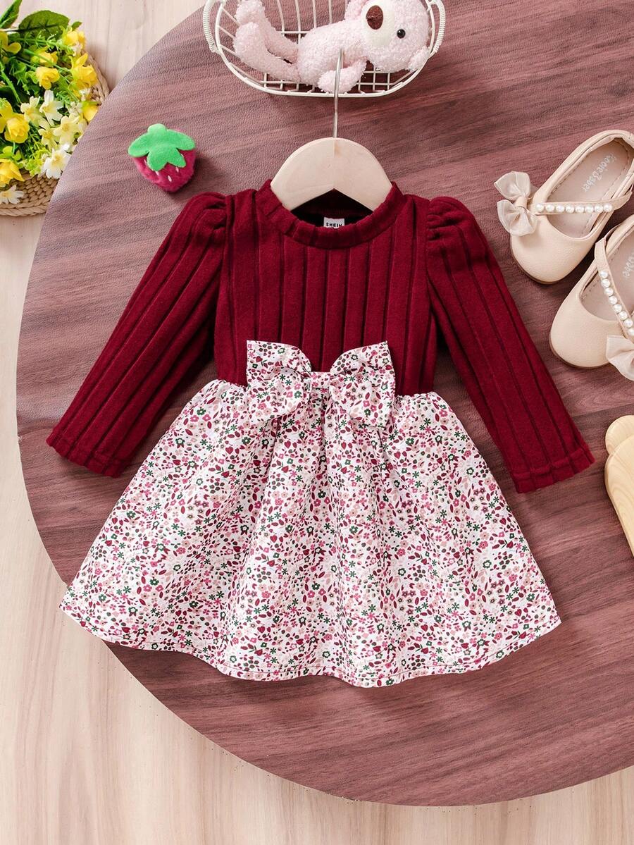 SHEIN 女婴休闲碎花长袖罗纹针织连衣裙，秋季 - 酒紅色 - 查看 1