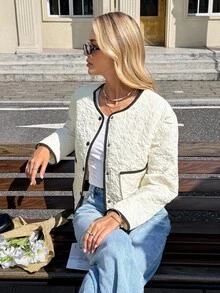 SHEIN Frenchy 女士法式休闲秋冬百搭撞色滚边长袖外套，适合秋冬季、秋季、新年、派对、毕业典礼等场合 - 彩色 - 查看 6