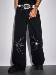 ROMWE MEN Street Life Men's Rhinestone Embellished Pocket Wide Leg Loose Casual Jeans, Grunge - Black - View 11