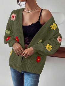 EMERY ROSE Women's Casual Floral Decor Drop Shoulder Long Sleeve Knitted Cardigan, Autumn/Winter - Army Green - View 4