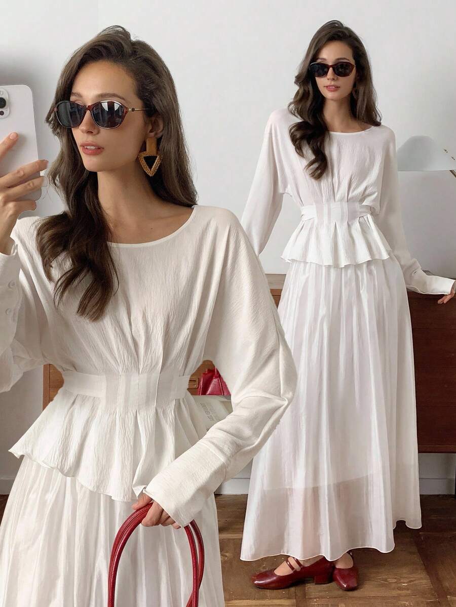 Elyressa 女式蝙蝠袖褶饰系腰衬衫和 A 字裙两件套 - 白色 - 查看 1