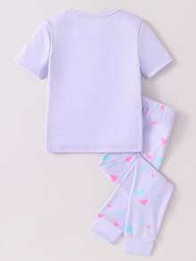 Young Girl Unicorn Glow Pattern Short Sleeve Jumpsuit 2Pcs Loungewear Set, Light Pink - Mauve Purple - View 2