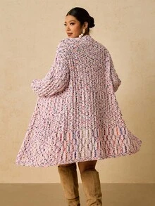 SHEIN VCAY 大码女式落肩长袖口袋设计长款休闲针织开衫，秋冬 - 紫色 - 查看 2