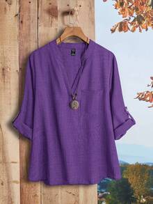 Rusticease Camisa de talla grande de unicolor casual con cuello entallado - Morado - Ver 1