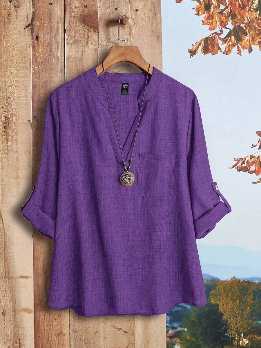 Rusticease Camisa de talla grande de unicolor casual con cuello entallado - Morado - Ver 1