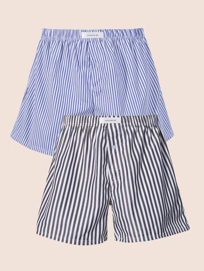 Manfinity Underwear&Sleepwear Basics 2pcs Plus Size Men's Classic Grey Striped Loose Fit Airy Pants, Comfortable