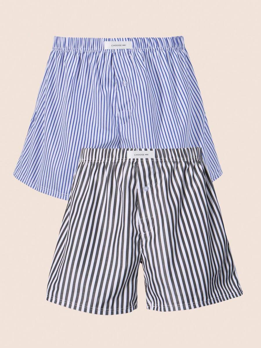 Manfinity Underwear&Sleepwear Basics 2pcs Plus Size Men's Classic Grey Striped Loose Fit Airy Pants, Comfortable - Multicolor - View 1