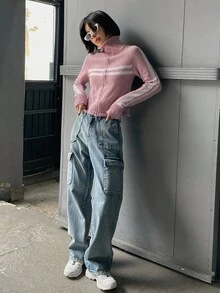 DAZY 女式秋冬条纹插肩袖拉链前开衫高领衫 - 粉色 - 查看 7