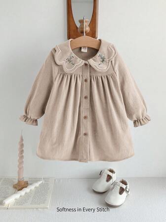 Cozy Pixies Robe à manches longues pour bébé fille avec col à volants, imprimé floral et taille cintrée