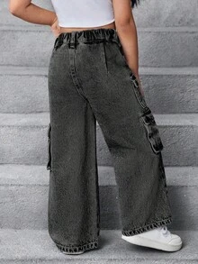 SHEIN 高腰工装口袋阔腿宽松休闲牛仔裤