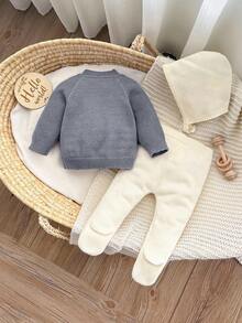 SHEIN Neugeborenen Baby Lässig Langarm-Oberteil, Hose und Mütze Komplett-Set für Herbst und Winter, Mädchen