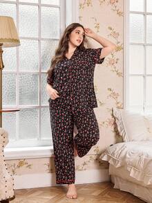 CottageSlumber Plus Size Ditsy Floral Ruffle Collar Open Front Pajama Set - Multicolor - View 3