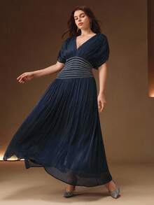 Anewsta Vestido Longo Mulheres Plus Size Decote em V Manga Curta com Contas, Corrente, Franzido na Cintura, Costas Abertas e Amarração, Elegante e Sofisticado, Adequado para Outono, Festas, Casamentos, Ano Novo