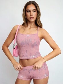 Avenya Sequin Decor Square Neck T-Shirt & Super Low-Rise Shorts Set