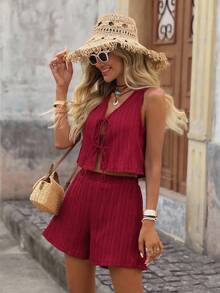 SHEIN VCAY Áo ba lỗ & váy chữ A dệt theo phong cách kỳ nghỉ dành cho nữ - Màu Đỏ Sâu - Xem 3