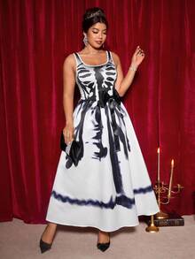 Elenzga 永不过时：哥特式预科，周三风格。拥抱你内心的阴影，打造暗黑女性时尚。大码女式万圣节哥特式修身上衣和蝴蝶结装饰泡泡裙 - 黑與白 - 查看 4