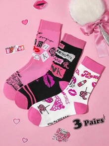 Mean Girls | SHEIN 3 đôi tất nữ mềm mại, thoáng khí, thấm hút mồ hôi, kiểu dáng thường ngày, ngọt ngào, dài đến bắp chân, màu hồng dễ thương, mũi và gót được gia cố để tăng độ bền, phù hợp mọi mùa hè và đông. - Nhiều màu - Xem 2