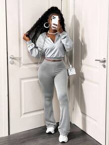 BamGleam 2件套女式连帽长袖上衣和裤子套装 - 灰色 - 查看 5