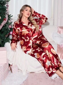 SweetSlumber Pijama de manga larga con cuello vuelto y estampado de árbol de Navidad de galletas, talla grande, ropa cómoda para otoño