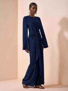 Zivah 2025夏初秋新款，适合生日派对，毕业季，日常出游，百搭，休闲度假，邮轮旅行，沙滩海边沐浴阳光，网络热销，休闲优雅，通勤派对，圆领，长袖，喇叭袖口，腰带设计，修身超长连衣裙，女士棕色长裙-A - 藏蓝色 - 查看 5