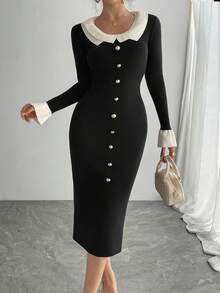 DAZY 女式优雅拼色荷叶边下摆毛衣裙，秋季 - 黑色 - 查看 3