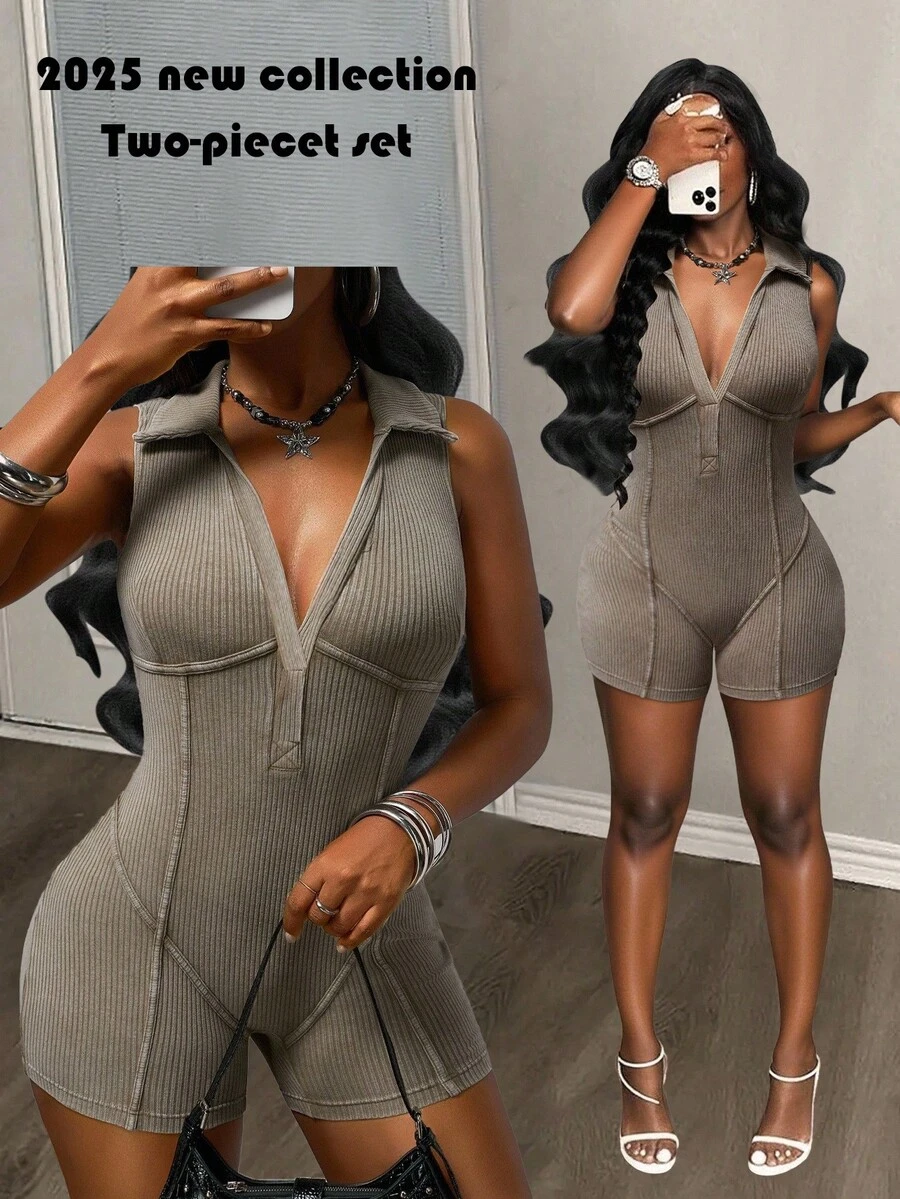 Slaydiva Women's Casual Sleeveless Bodycon Romper, Summer Bodycon Jumpsuit Ribbed Jumpsuit Sleeveless Jumpsuit - Khaki - View 1