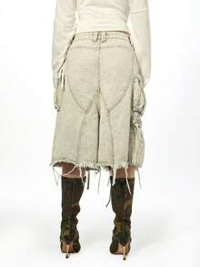 SUMWON WOMEN 棉质破洞牛仔工装裤，系带细节，军装作战宽腿宽松百慕大短裤，节日夏秋季 - 灰色 - 查看 2