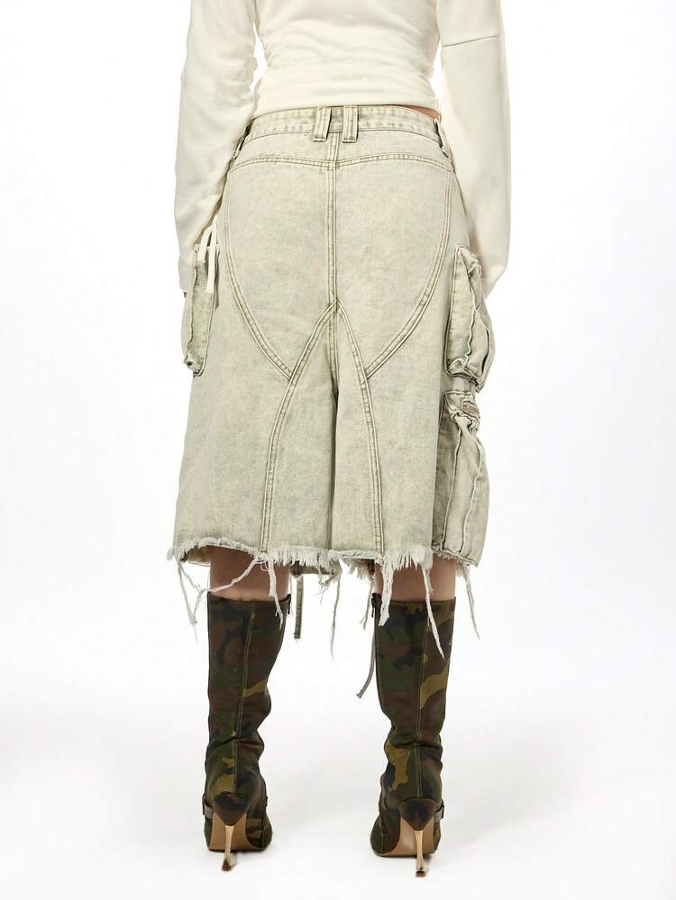 SUMWON WOMEN Wide Leg Denim Cargo Shorts With Lace Up Details