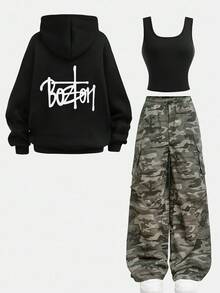 Girlism Teen Girls 3-Piece Set: Black Letter Knit Hoodie Sweatshirt, Black Tight Camisole Top, And Camo Print Cargo Pants, Casual Sports Outfit Fall Winter - Black - View 16