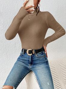 SHEIN Frenchy 高领罗纹针织紧身毛衣 - 卡其色 - 查看 5