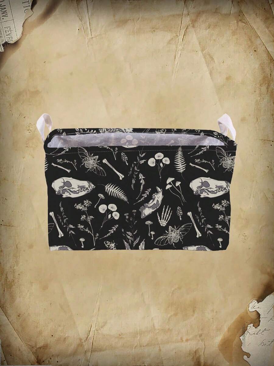 ROMWE Goth 充滿叢林植物骨骼圖案的收納籃，適用於客廳、書房、臥室、浴室 - 黑色 - 查看 1