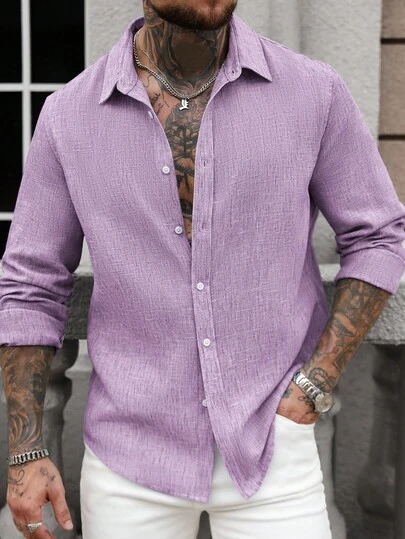 Manfinity CasualCool 男士单排扣休闲亚麻长袖衬衫，纹理波西米亚风衬衫，秋季款