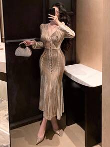 DAZY 女式 V 领天鹅绒腰部收腰超长鱼尾连衣裙，优雅中长礼服舞会礼服 - 杏色 - 查看 6