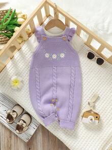 SHEIN 1 件女婴粉色荷叶边吊带连体衣，精致刺绣连体衣，婴幼儿针织，时尚甜美服装