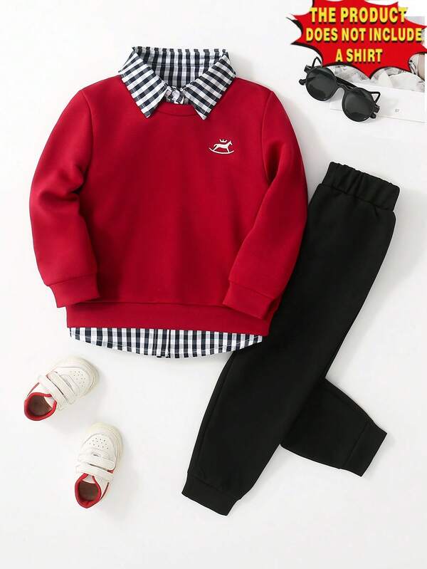 SHEIN 2pcs/Set Young Boy Cute Casual Yellow Embroidered Sweatshirt And Black Pants Comfortable Outfit, Spring